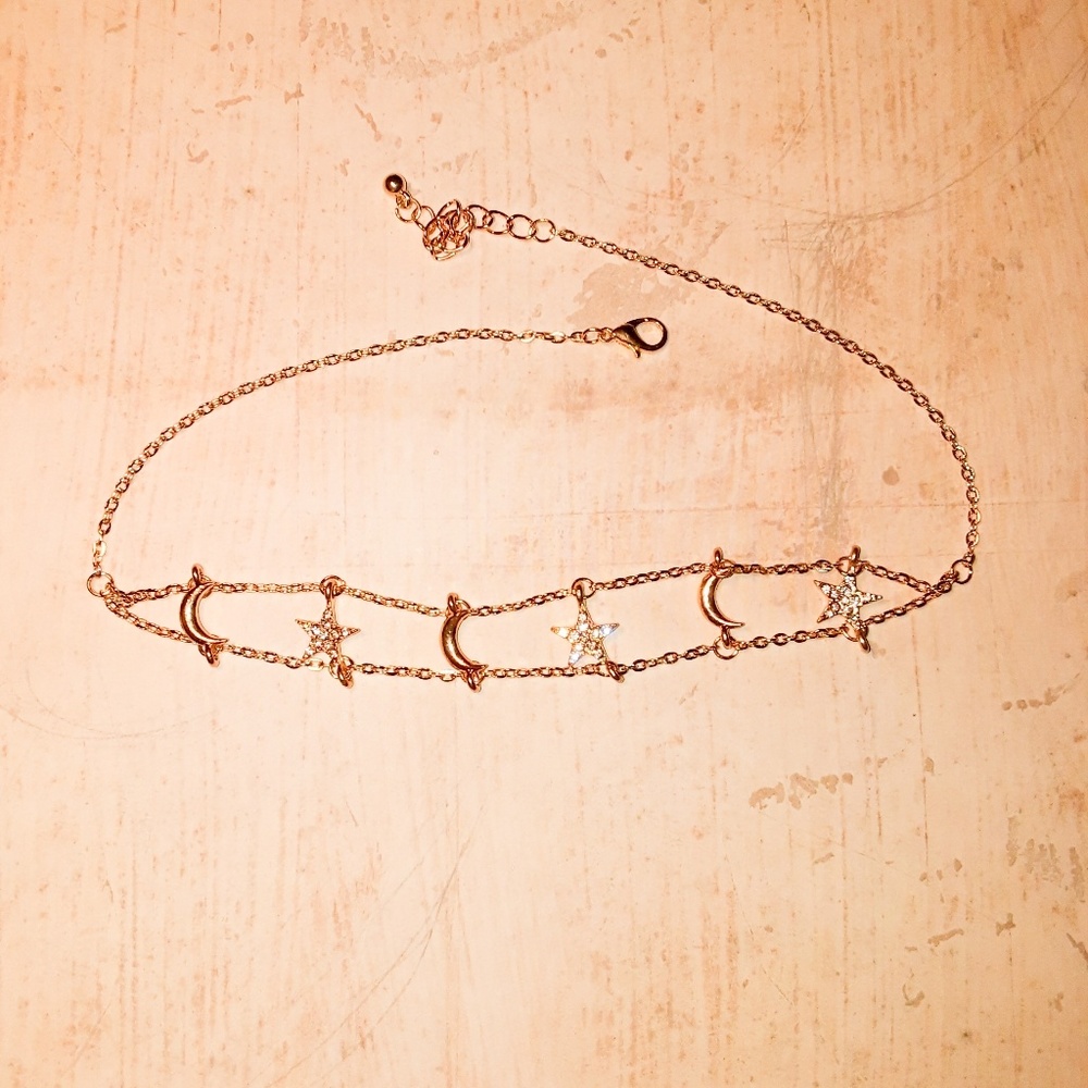 Moon & Stars Crystal Layered Choker Bib Necklace - Picture 6 of 6